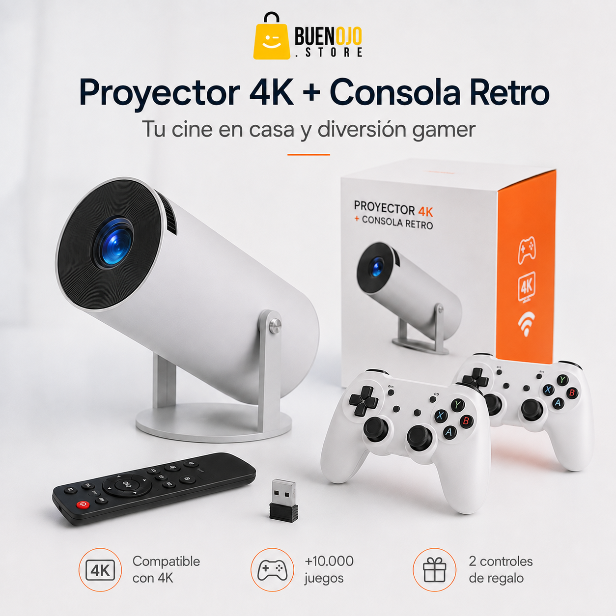 Proyector 4K + Juegos arcade y 2 Controles de Regalo