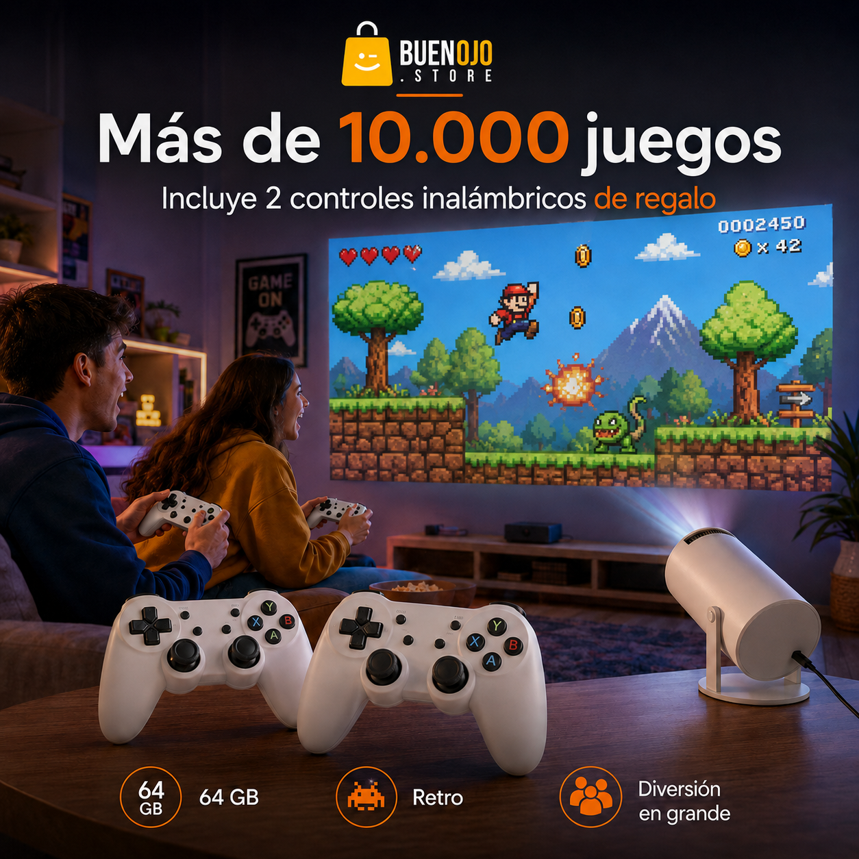 Proyector 4K + Juegos arcade y 2 Controles de Regalo