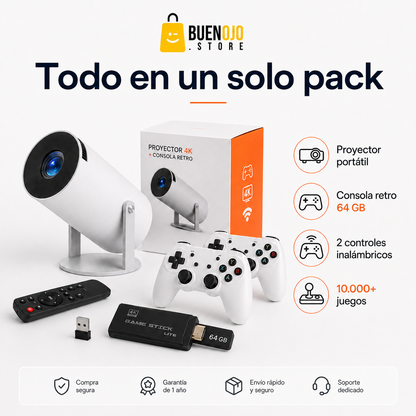 Proyector 4K + Juegos arcade y 2 Controles de Regalo